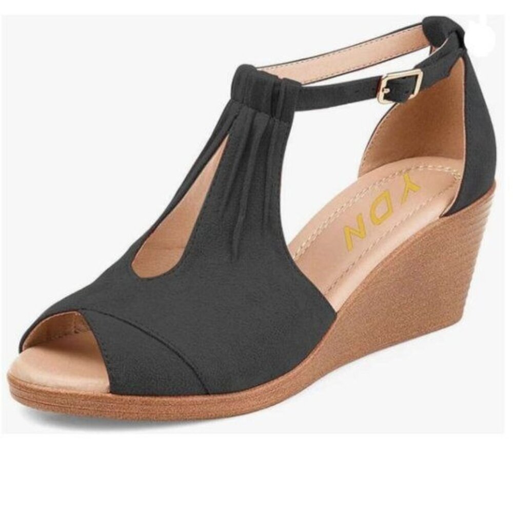 YDN Black Open Peep Toe Cutout Wedge Heel Ankle Strap Pump Comfort Dressy Sandal